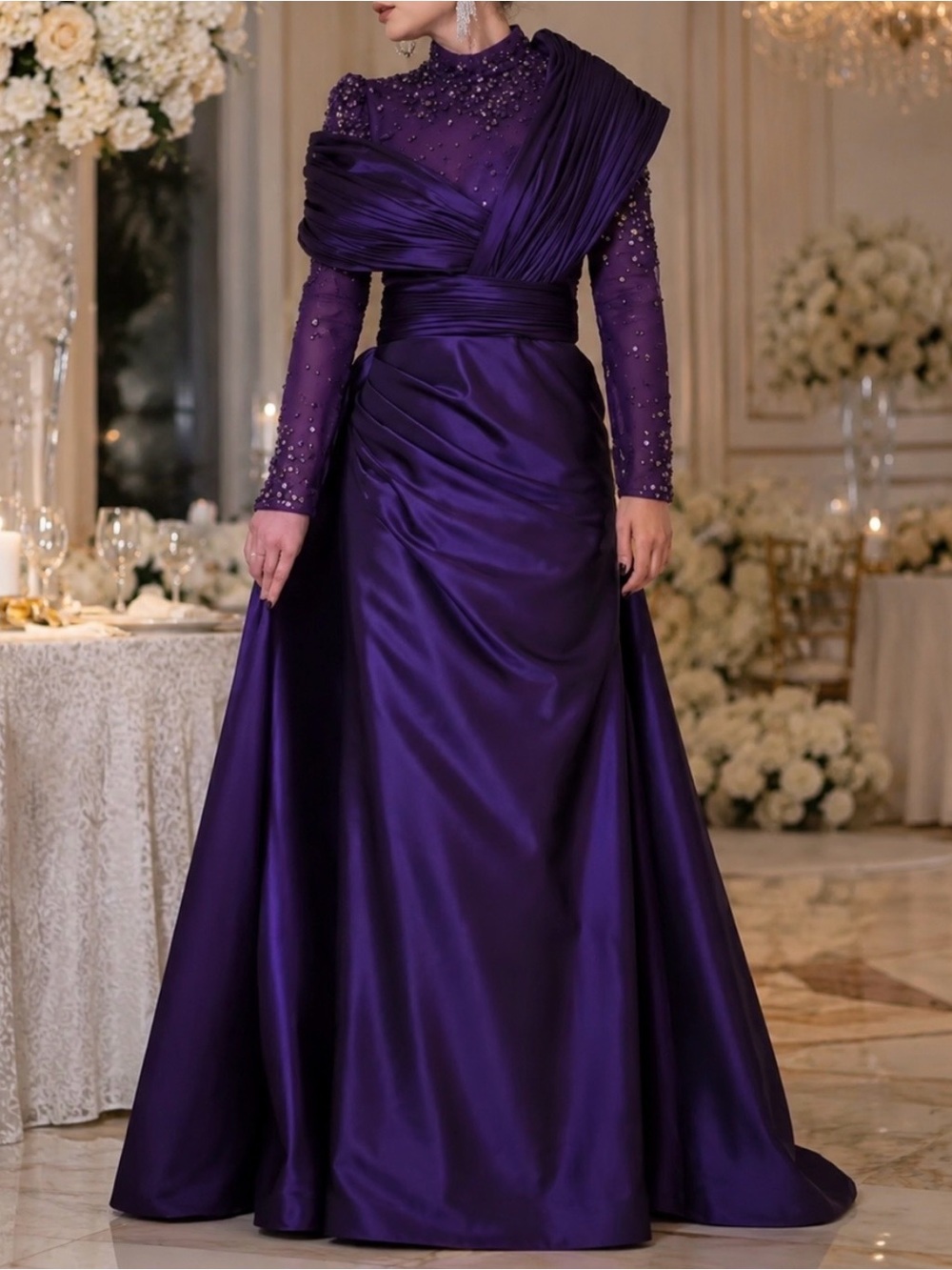 Elegant Deep Purple Long Sleeve Satin Evening Gown